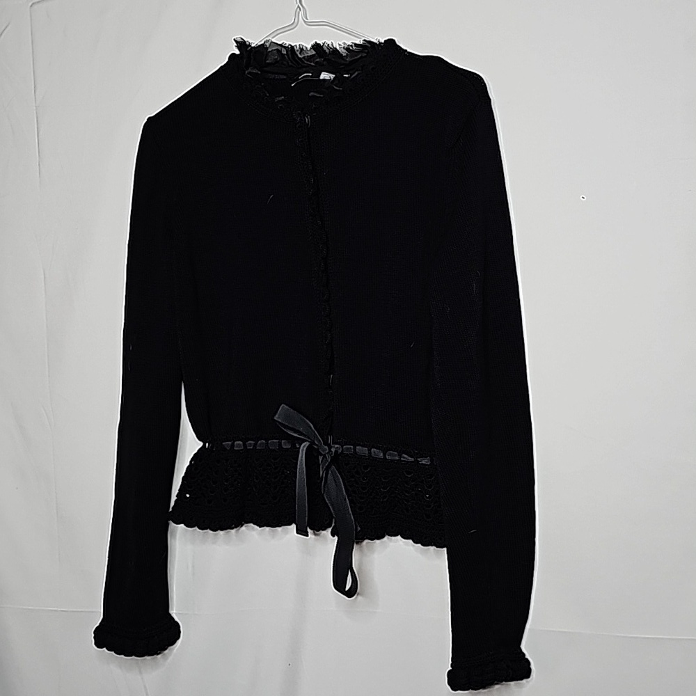 Saks Fifth Avenue Black Label snap crochet & ribbon trim cardigan sweater sz L